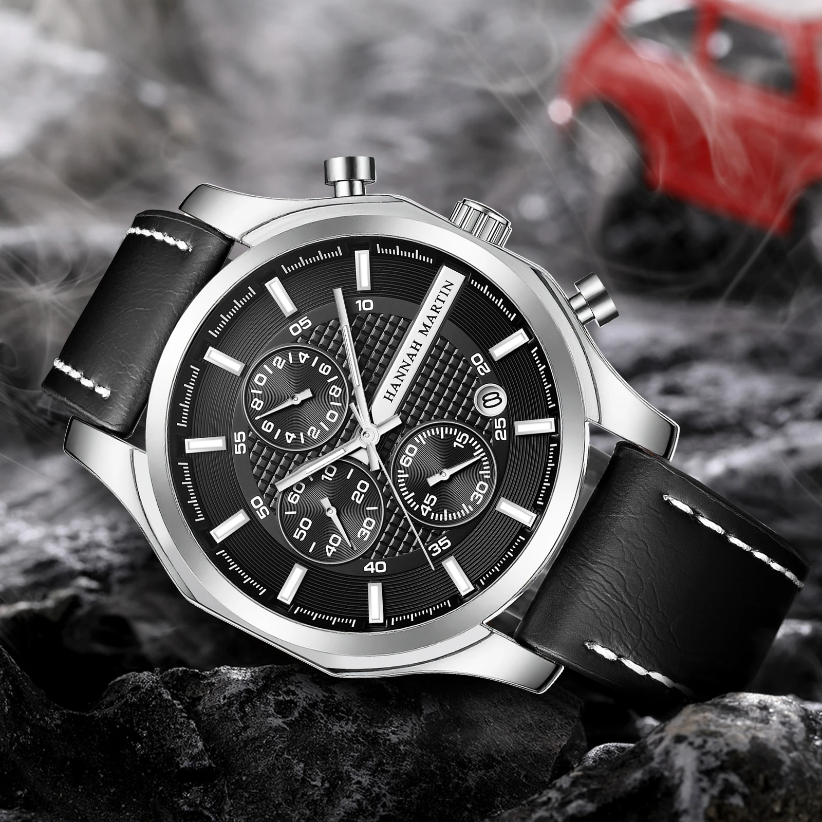 ساعة هانا مارتن للرجال باللون الأسود، جلد رياضي، طراز عسكري 44 ملم، حركة كوارتز متعددة الوظائف، ساعة تقويمية، توقيت للرجال