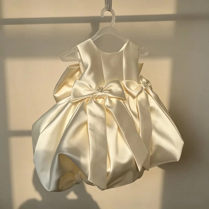 New Sleeveless Three-Dimensional Flower Bud Bow Princess Dress for Girls