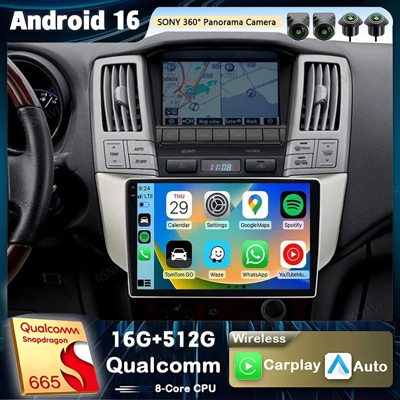 Android 16 Qualcomm Carplay Car Radio For Lexus RX300 RX330 RX350 RX400H 2004 -2009 Multimedia Video Player Navigation BT Stereo
