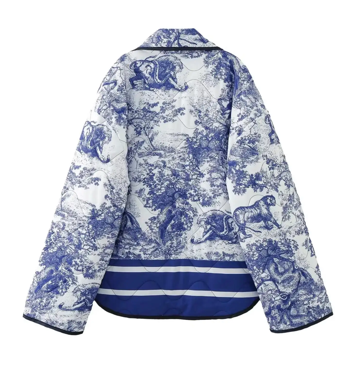 2023 Women Long Sleeve Asymmetric Hem Loose Outwear Autumn Winter Blue White Flower Print Shawl Collar Quilted Coat Ethnic