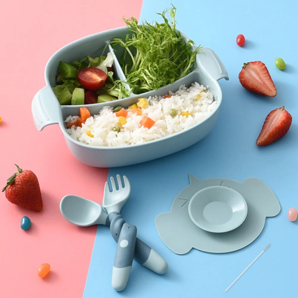 

6pcs Baby Suction Bowl Set 3 Compartments Soup Porridge Meals Microwaveable Bowl Silicone Fork Tableware Feeding