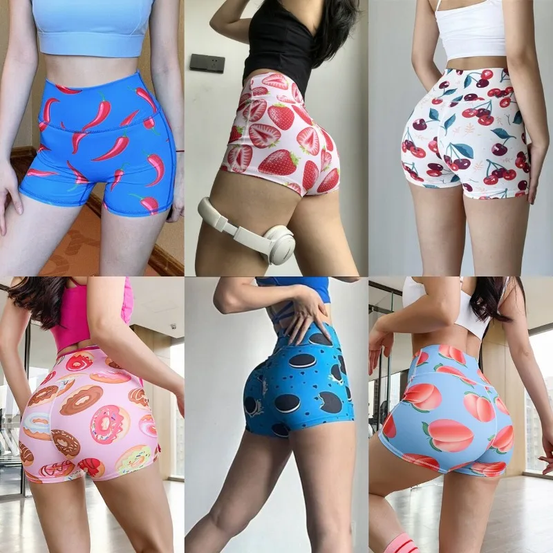 

Яркие шорты для йоги с принтом фруктов, высокой талией и эффектом обнаженной кожи, быстросохнущие спортивные шорты
