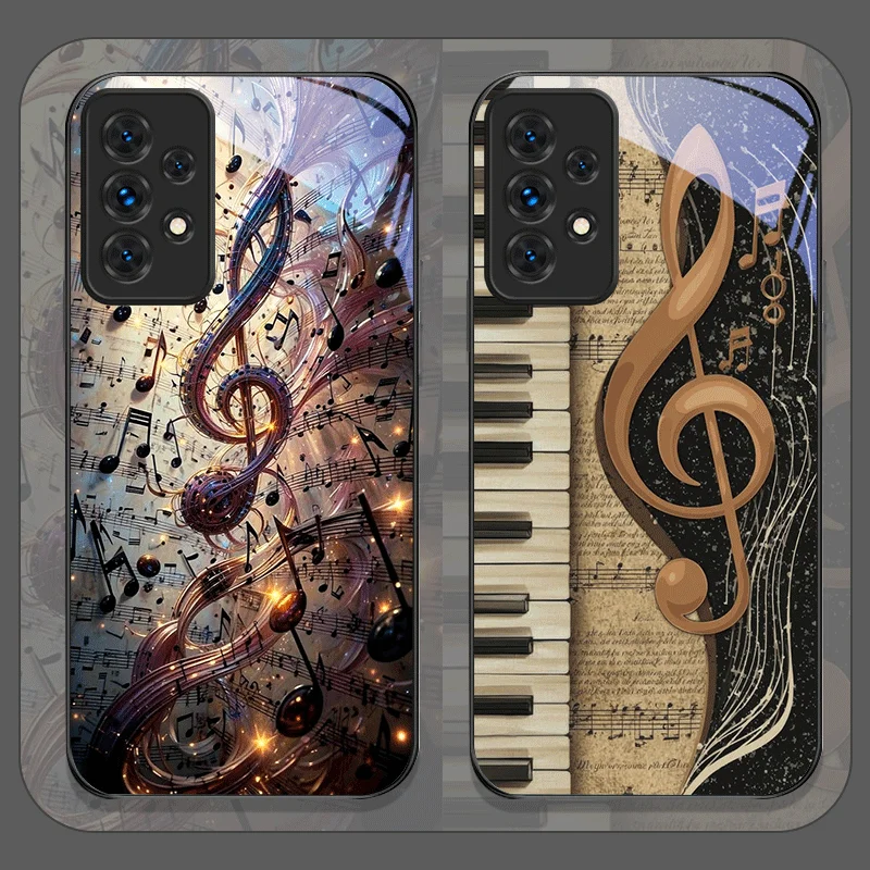 Retro Sheet Music Note Love Heart Printed Tempered Glass Phone Case for Samsung Galaxy A56 A72 A55 A54 A53 A52 A36 A15 A14 Cover