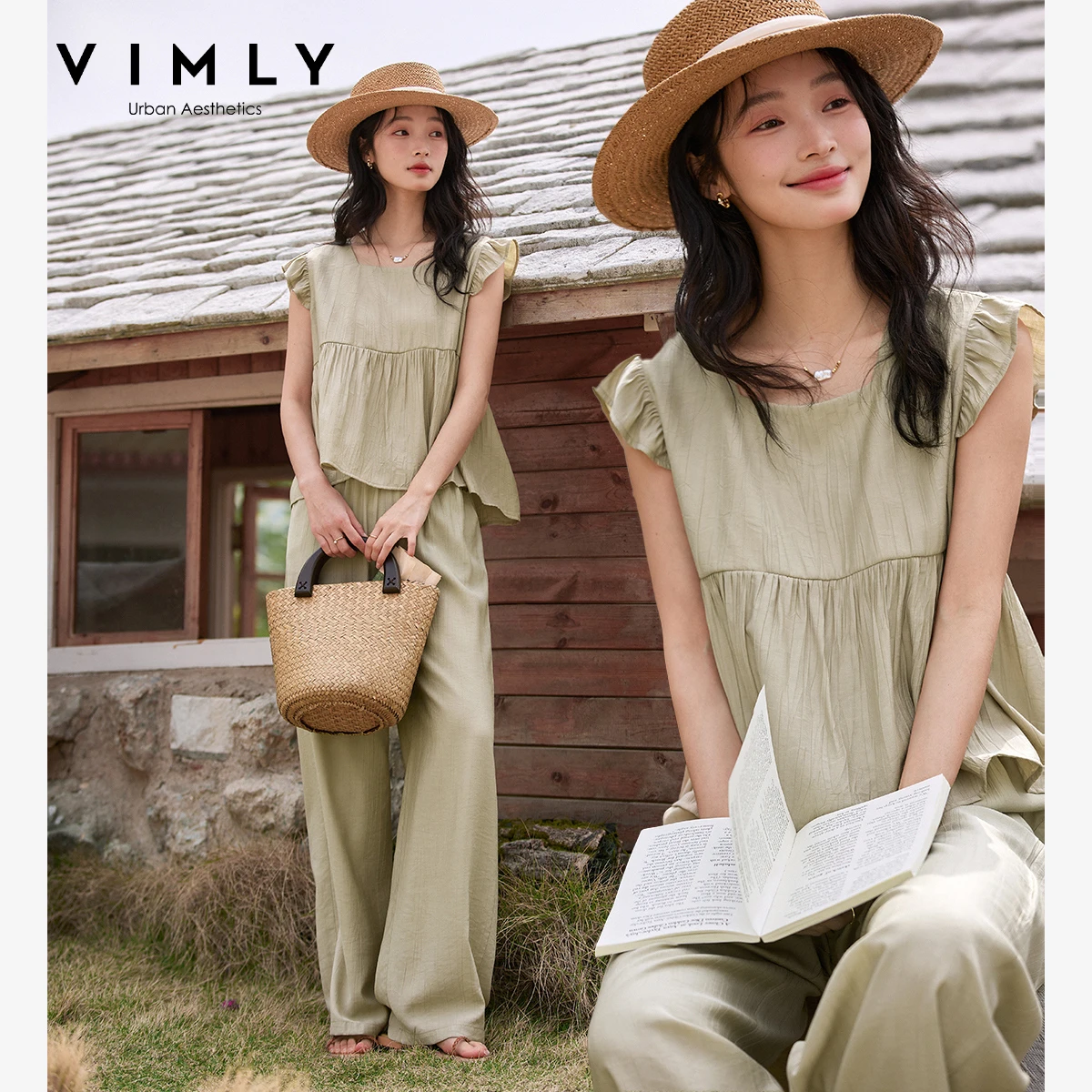 

VIMLY Casual 2 Pieces Pant Set For Woman Outfit 2026 Summer Women's Suit Loose Fit Blouse Wide Leg Pants Female Clothing M9901