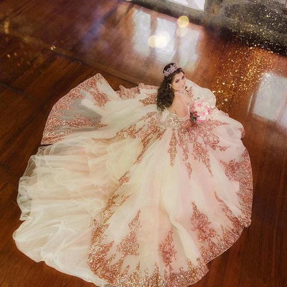 Vestido De quinceañera De oro rosa, 15 años, apliques, cuentas, dulce 16, baile De graduación, fiesta De cumpleaños