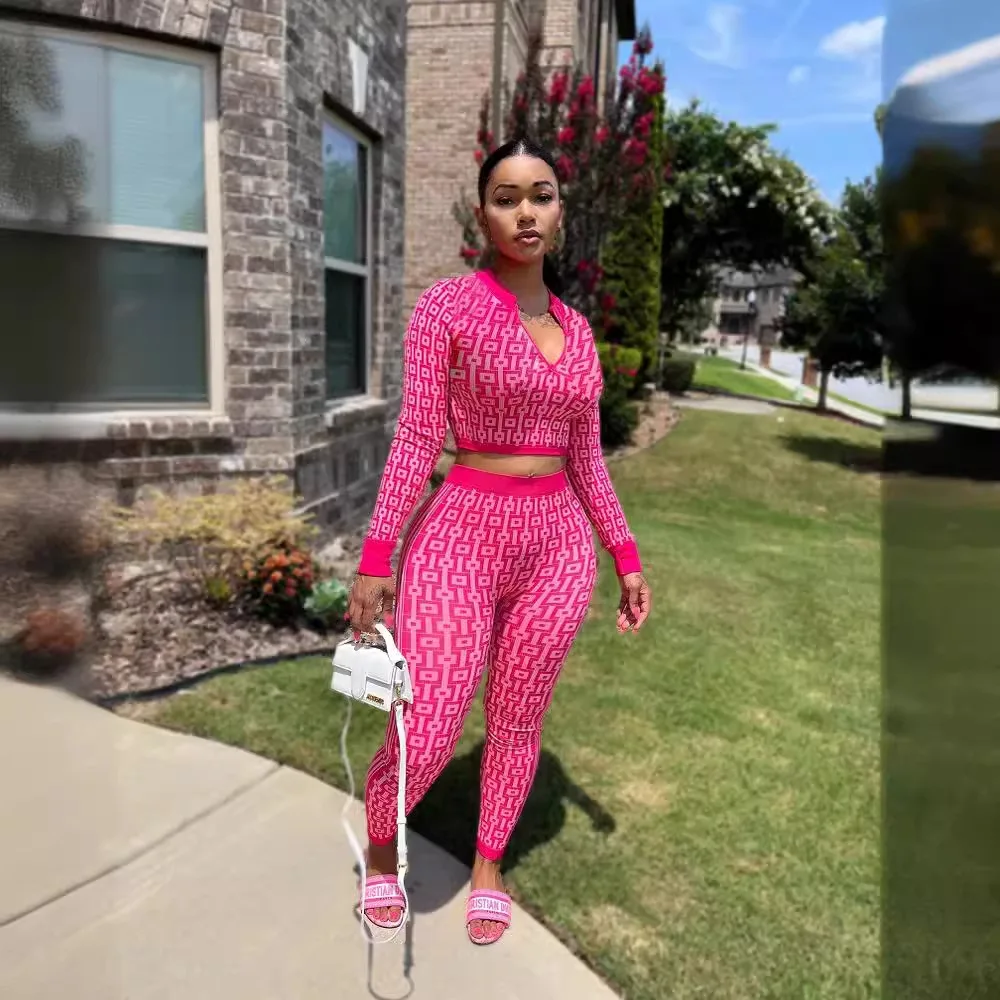 Autumn And Winter Women's Stretch Knitted Printed Women's Suit Long-sleeved Tight Sports Yoga Two-piece Set For Women - Image 3