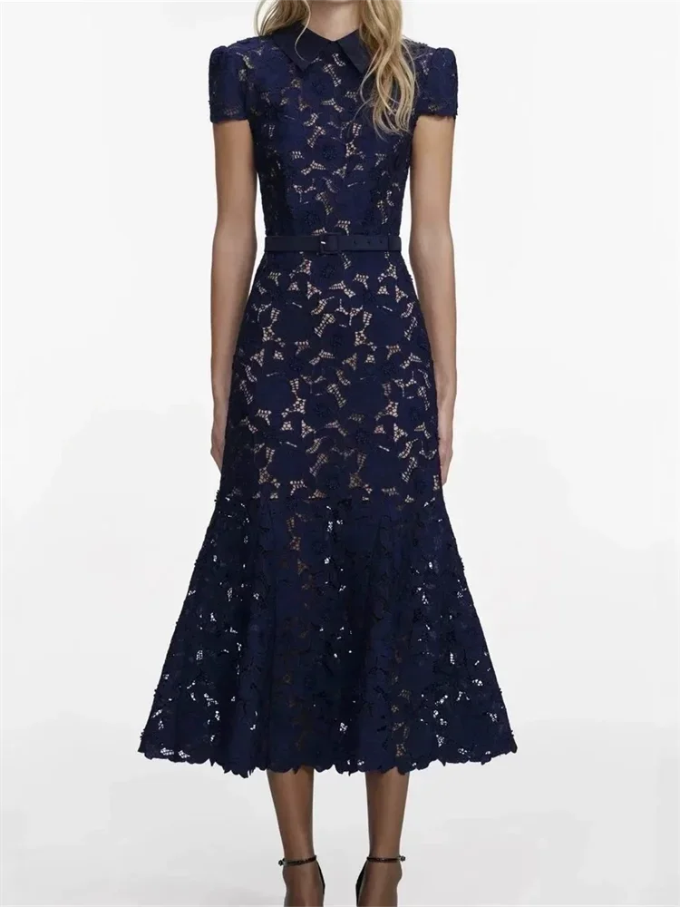 

Dark Blue Women's Mermaid Midi Dress 2026 Spring Summer Slim Fit with Embroidered Short Sleeve & Belt