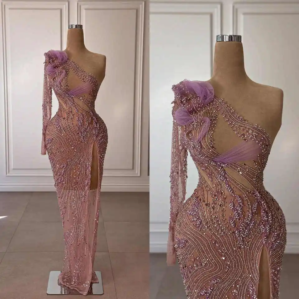 

Purple Evening Dress Mermaid Handmade Sequined Floral One Shoulder Backless Court Gown Party dresses Vestido De Noite Customized