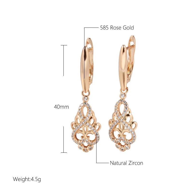 Wbmqda Vintage Long Drop Earrings For Women 585 Rose Gold Color With Natural Zircon Ethnic Wedding Party Luxury Jewelry