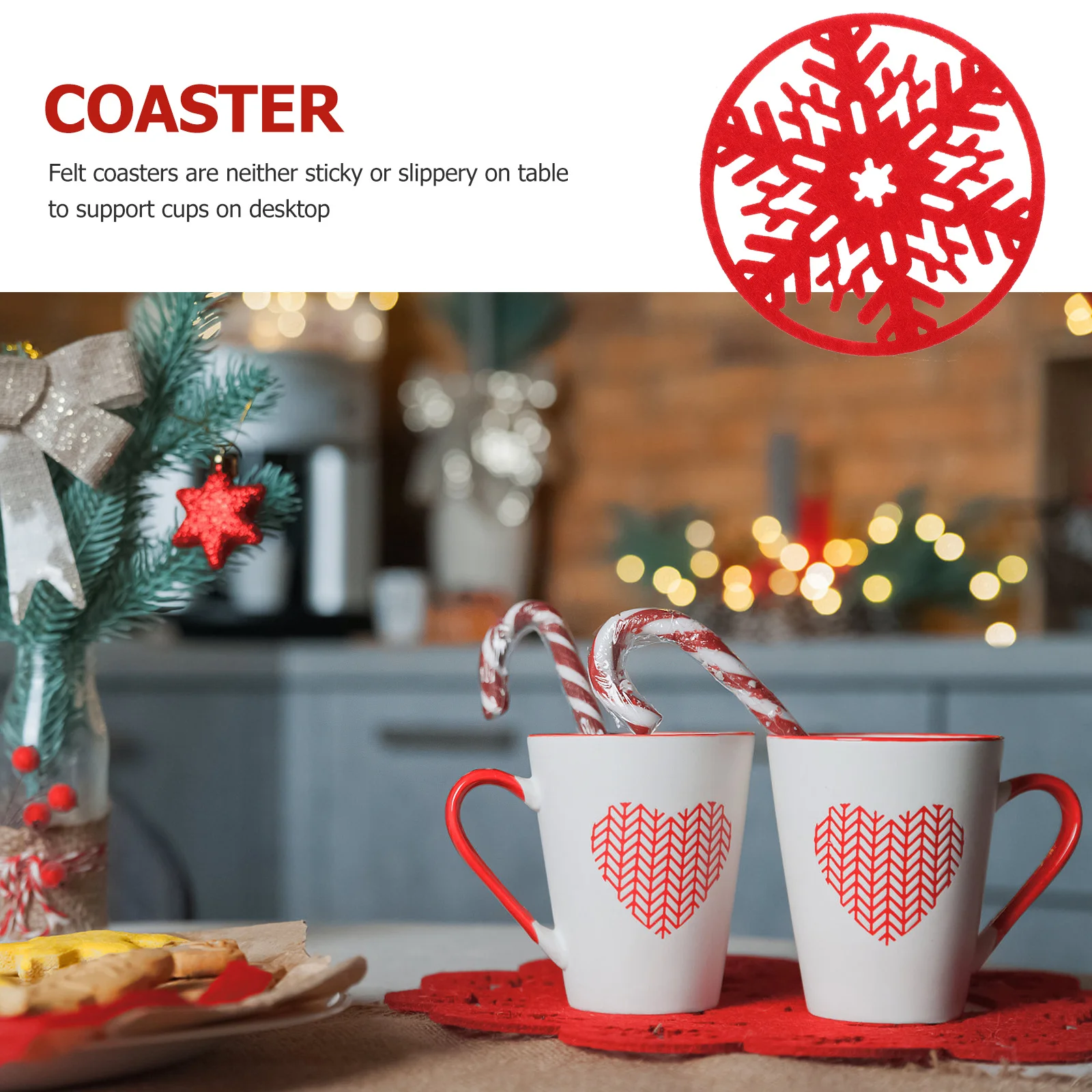 

6Pcs Felt Coasters Christmas Round Xmas Snowflake Nonslip Heat Insulation Cup Mats Cup Pads for Home Use Felt Coaster