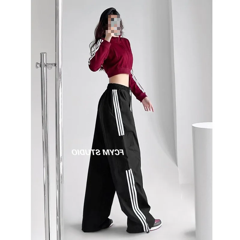 Overalls for women casual loose trendy dance hip-hop floor length three-bar sports high-waist slim straight wide-leg sweatpants image 3