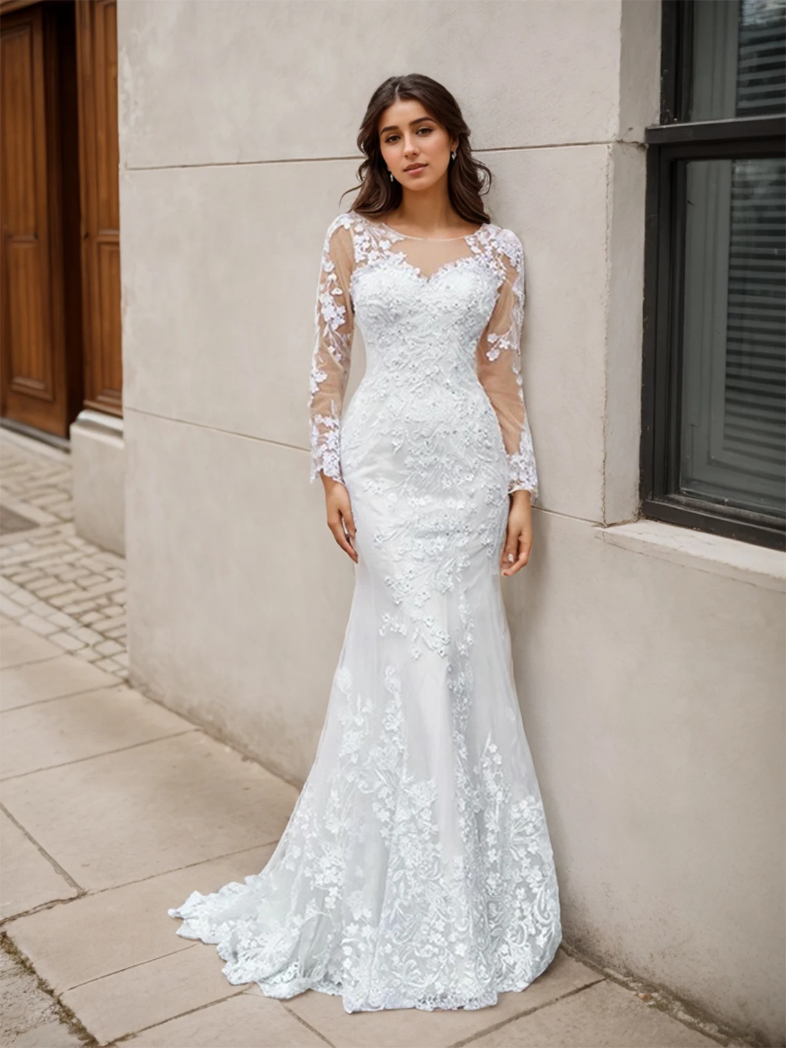 Элегантное современное свадебное платье русалки с круглым вырезом и длинными рукавами, скользящим шлейфом, тюлевое свадебное платье с аппликацией, 2025 г., бесплатно по индивидуальному заказу