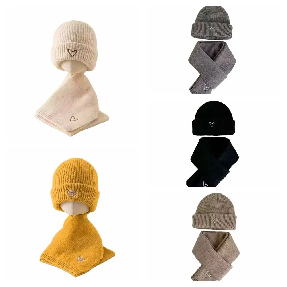 Amor coração bordado chapéu de malha cachecol conjunto engrossado estilo coreano crochê quente gorro quente à prova vento inverno pulôver boné