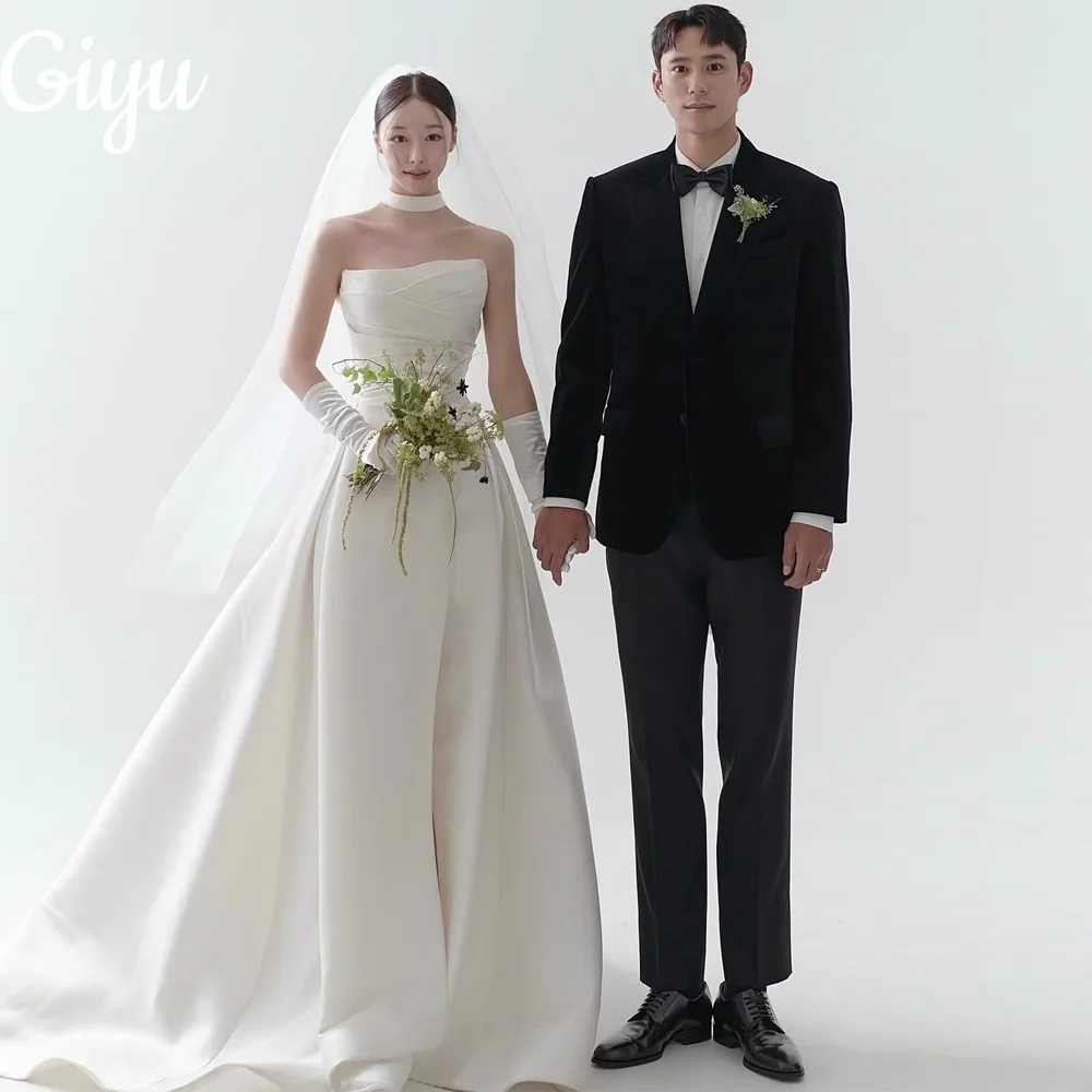 Giyu Elegant Lvory Wedding Dress Strapless A Line Bridal Gowns Satin Sleeveless Floor-Length Korea Photoshoot Customised 2025