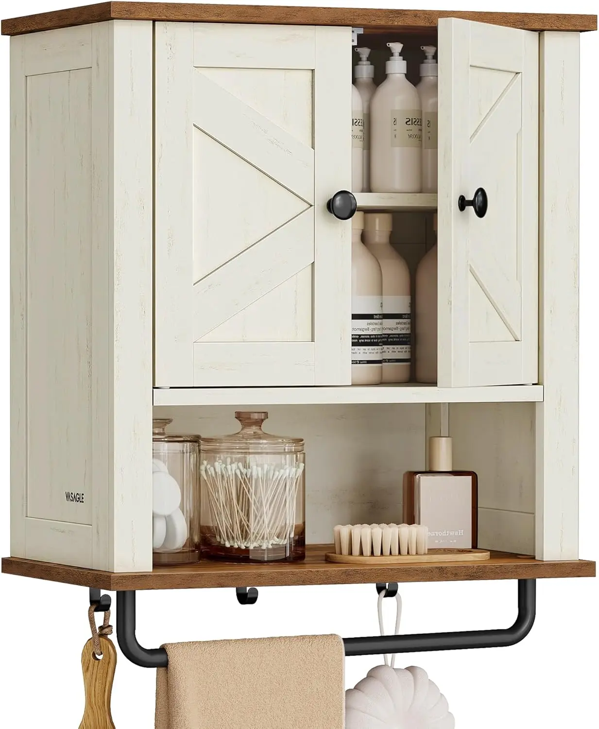

Farmhouse Wall-Mounted Bathroom Cabinet with Adjustable Shelf, Towel Bar, Rustic White Finish