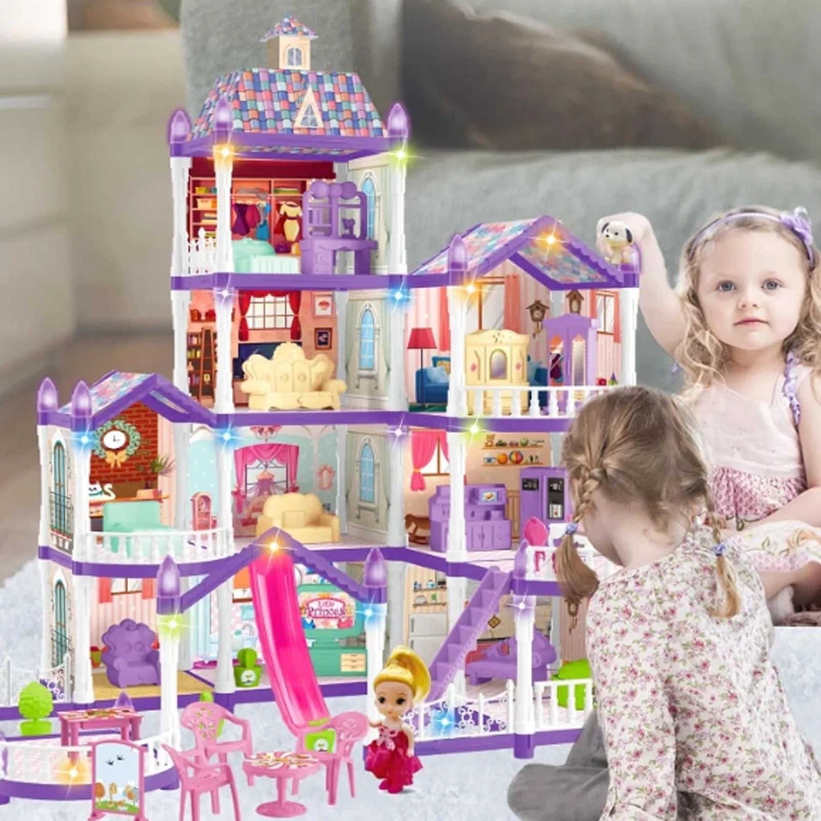 4 banden 13-kamer miniatuur montage poppenhuis speelset met 3 prinses 2 puppy's en meubelaccessoires voor kinderen rollenspel