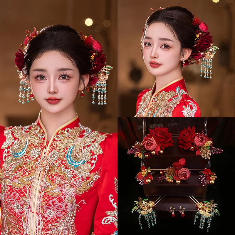 

NiuShuya Xiuhe головной убор заколка для волос с красной розой в китайском стиле заколка для волос с золотым фениксом платье дракона и феникса аксессуары для волос