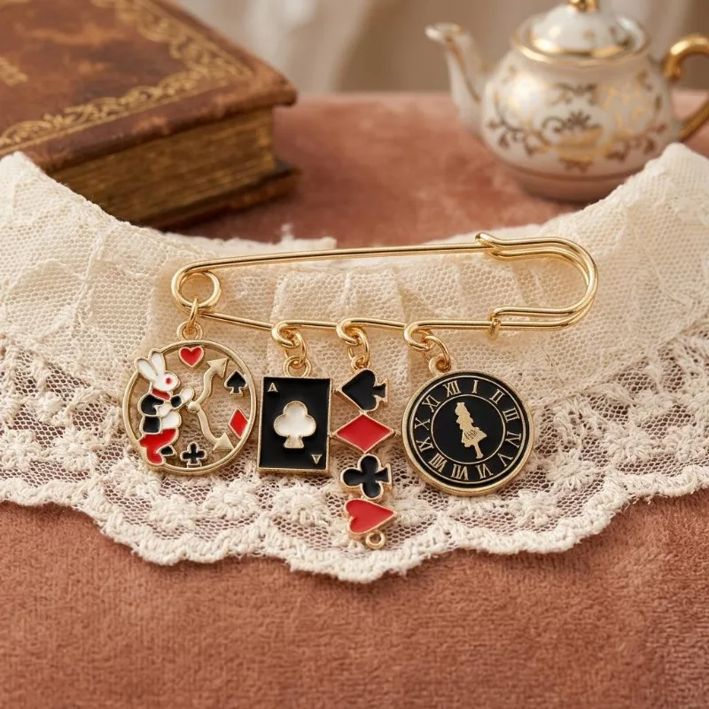 Alice in Wonderland Cartoon Brooch Pin, Cute Metal Enamel Rabbit Clock Badge for Women Kids Bags Hats Safety Decoration
