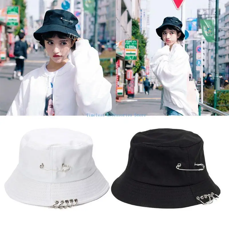 

97QE Solid Color Bucket Hat Beach for Sun Hat Summer Hip Hop Metal Pin Fisherman Cap
