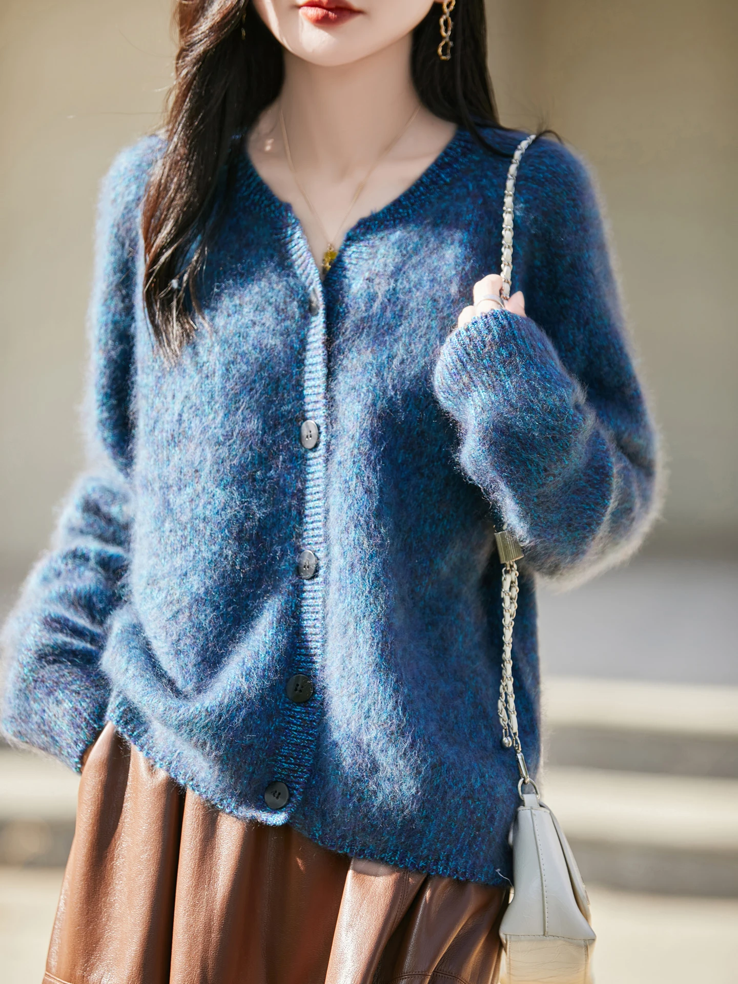 

High-End Fce Women's Open Cardigan Knitted Wool Camere Loose Fit Autumn Winter New Sle Blue Tear Casual Leisure Sle