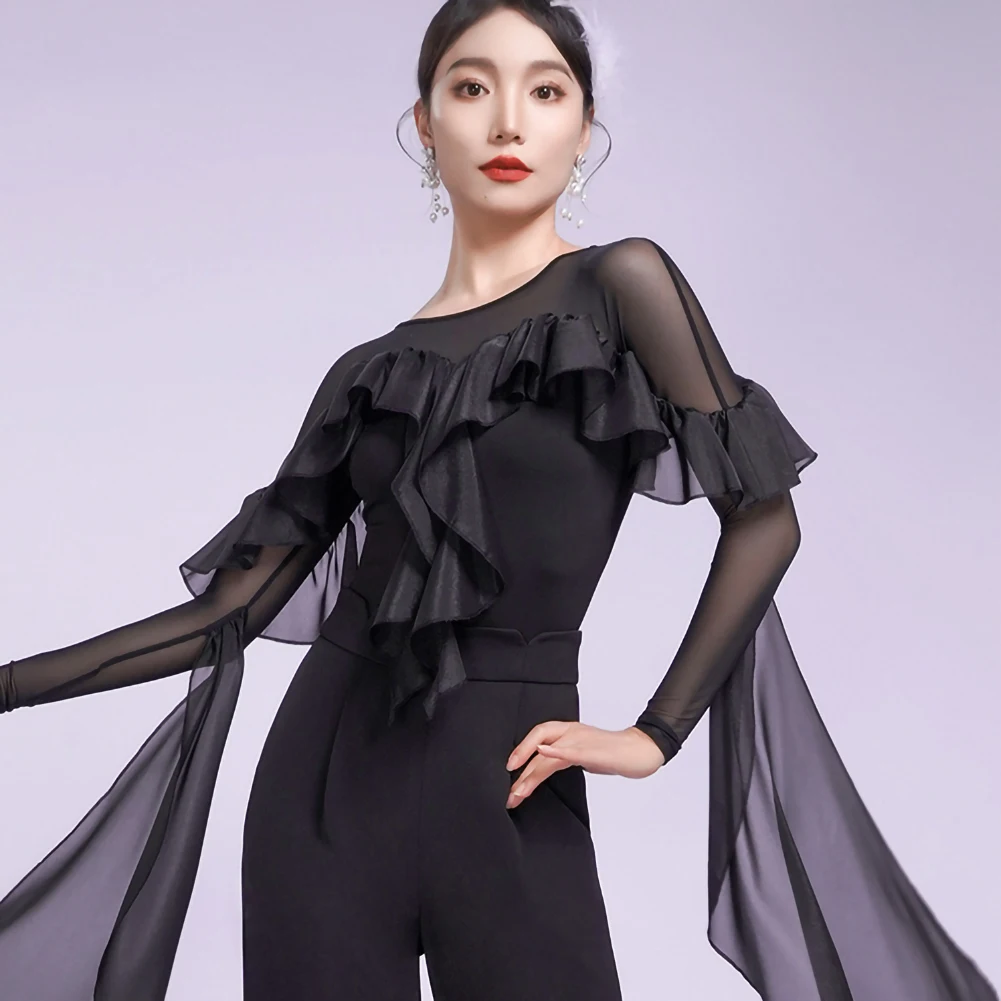 Haut de pratique de danse moderne pour salle de bal, Roland violet, manches longues, ruban élégant noir, ruban à volants, haut de valse, nouvelle collection