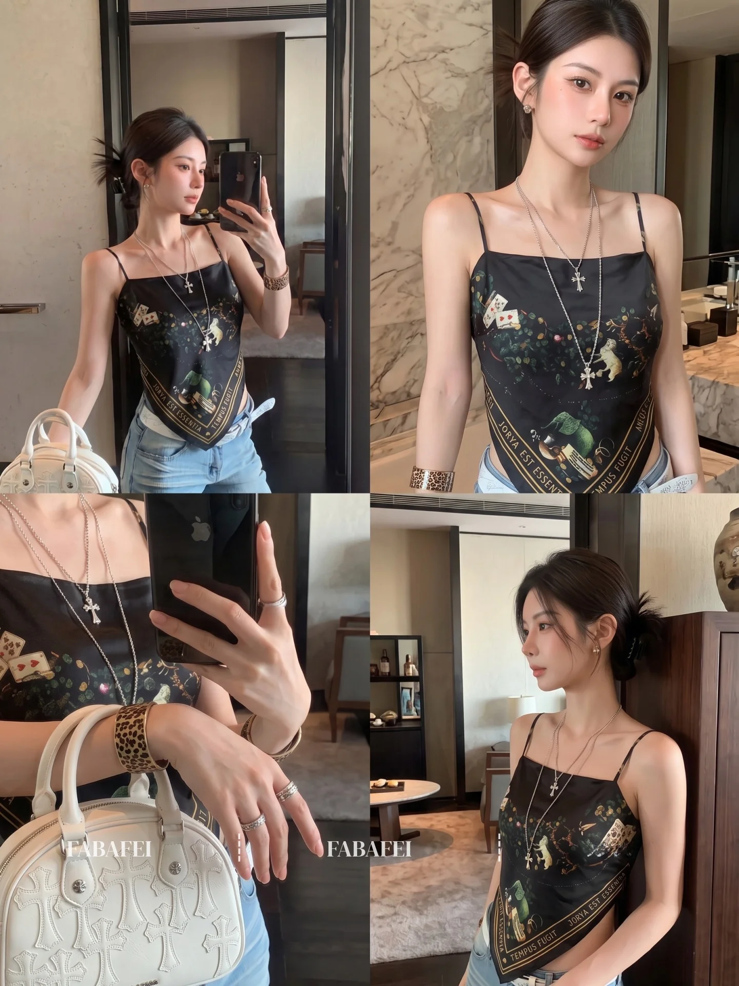 black-asymmetrical-hem-print-silk-scarf-strap-women's-top-summer-2026-oil-painting-poker-card-pattern-casual-wear