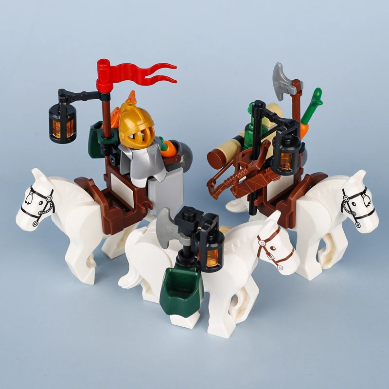 Castelo medieval cavaleiro soldado figuras transporte transporte bloco de construção aldeia gado cavalo bagagem animal moc tijolos crianças brinquedo