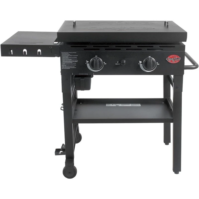 

Flat Iron 2-Burner Propane Gas Flat-Top Griddle with Steel Griddle Top, Wind Guards and Removable Lid, 520 Cooking Square