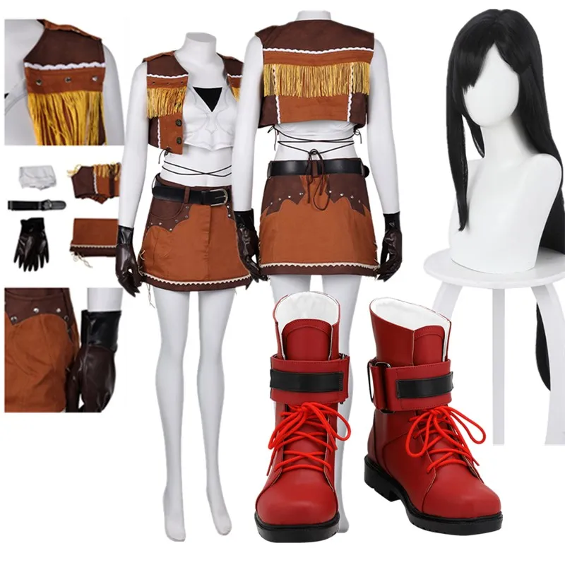 Cowgirls Tifa Lockhart Cosplay Costume Fantasy Adult Women Vest Skirt Wig Shoes Boots Outfits Halloween Carnival Suit