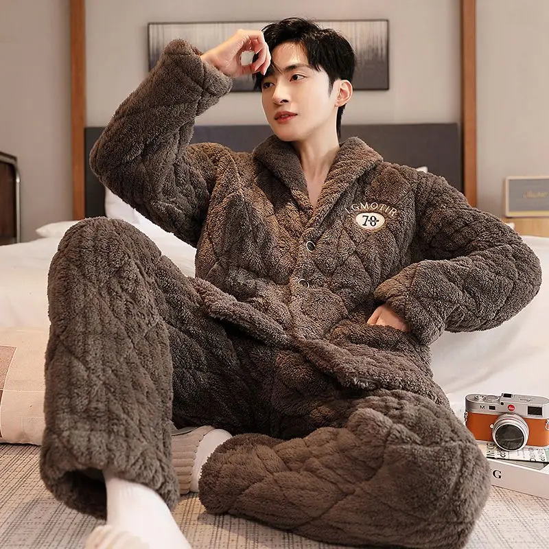 Winter Extra Thick and Extra Thick Warm Coral Velvet Three Layer Cotton Lapel Flannel Home Suit Set Teenagers Pajamas for Men