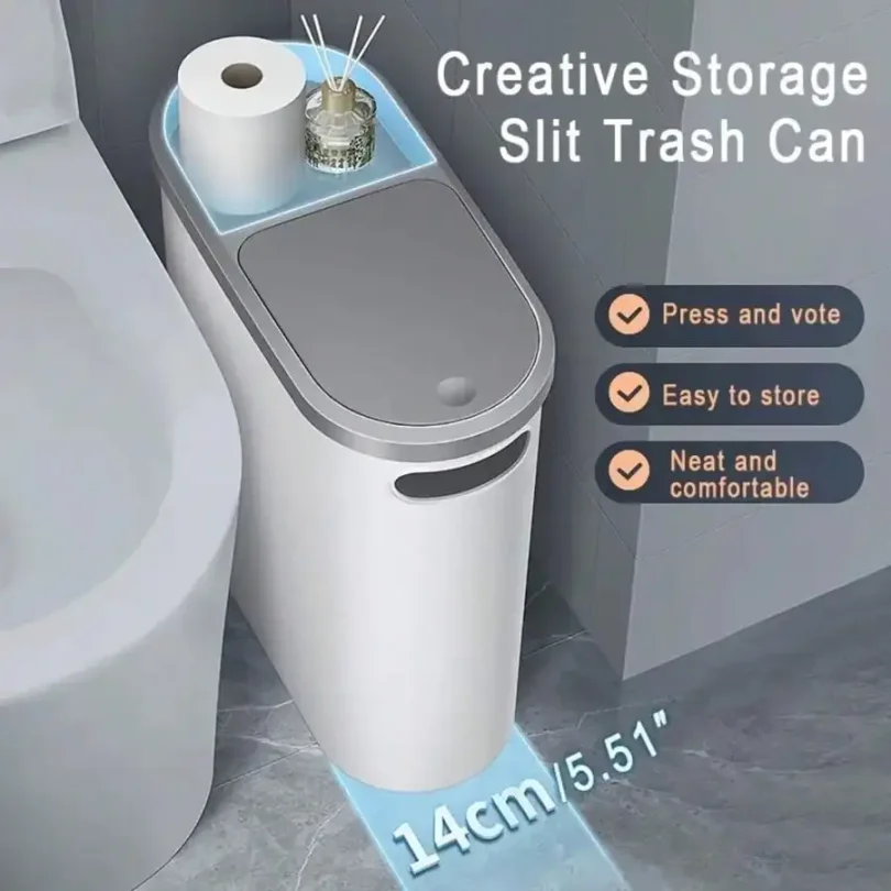 Modern White & Gray Bathroom Trash Can With Lid & Handle - Large Capacity Push-Open Design, Odor-Sealing Mechanism, Space-Saving