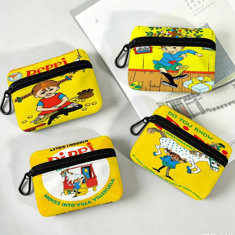 P-Pippi Longstocking White Oxford Cloth Zipper Coin Purse Lightweight Hanging Key Pouch Card Holder For Daily Use