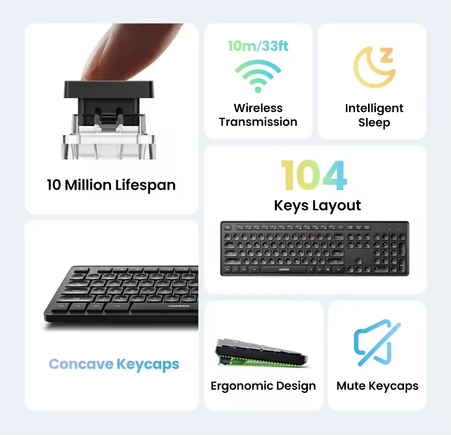 KU004 UGREEN Wireless Keyboard 2.4GHz 104 Keys Layout for Laptop Desktop Windows OS PC Accessories English Keycaps