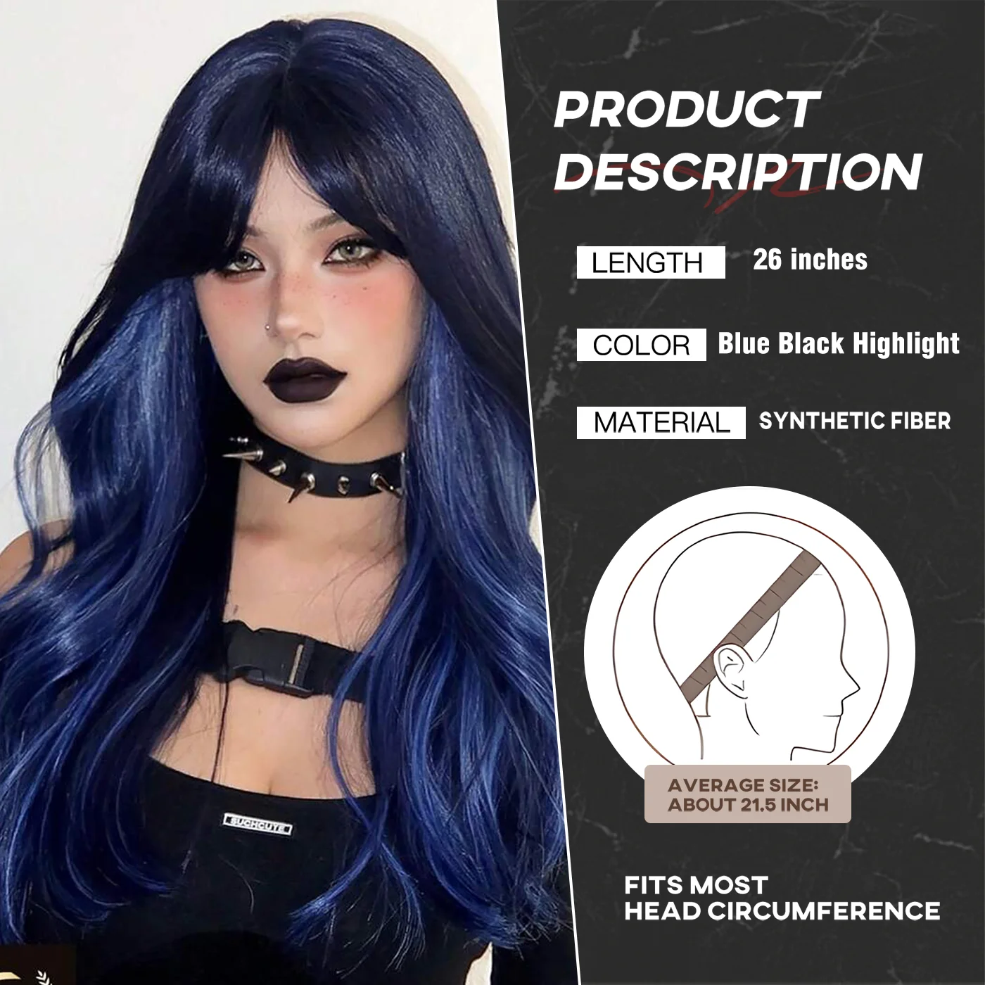 Black Blue Highlight Blue Hair Wigs with Bangs Long Wavy Dark Blue Synthetic Wig for Woman Cosplay Colorful Wig Heat Resistant