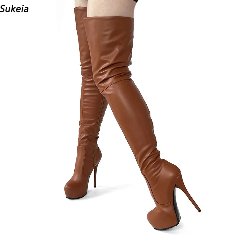 

Sukeia New Arrival Women Winter Thigh Boots Unisex Stiletto Heels Round Toe Brown Party Shoes Ladies US Size 5-20