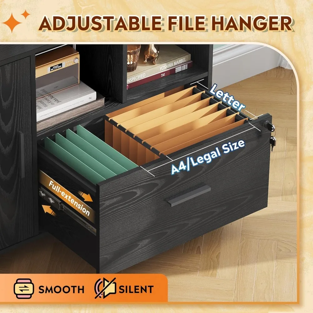 خزانة ملفات مكتب DEVAISE مع قفل، خزانة ملفات جانبية خشبية ذات درج واحد على عجلات، حامل طابعة مع أرفف تخزين مفتوحة f