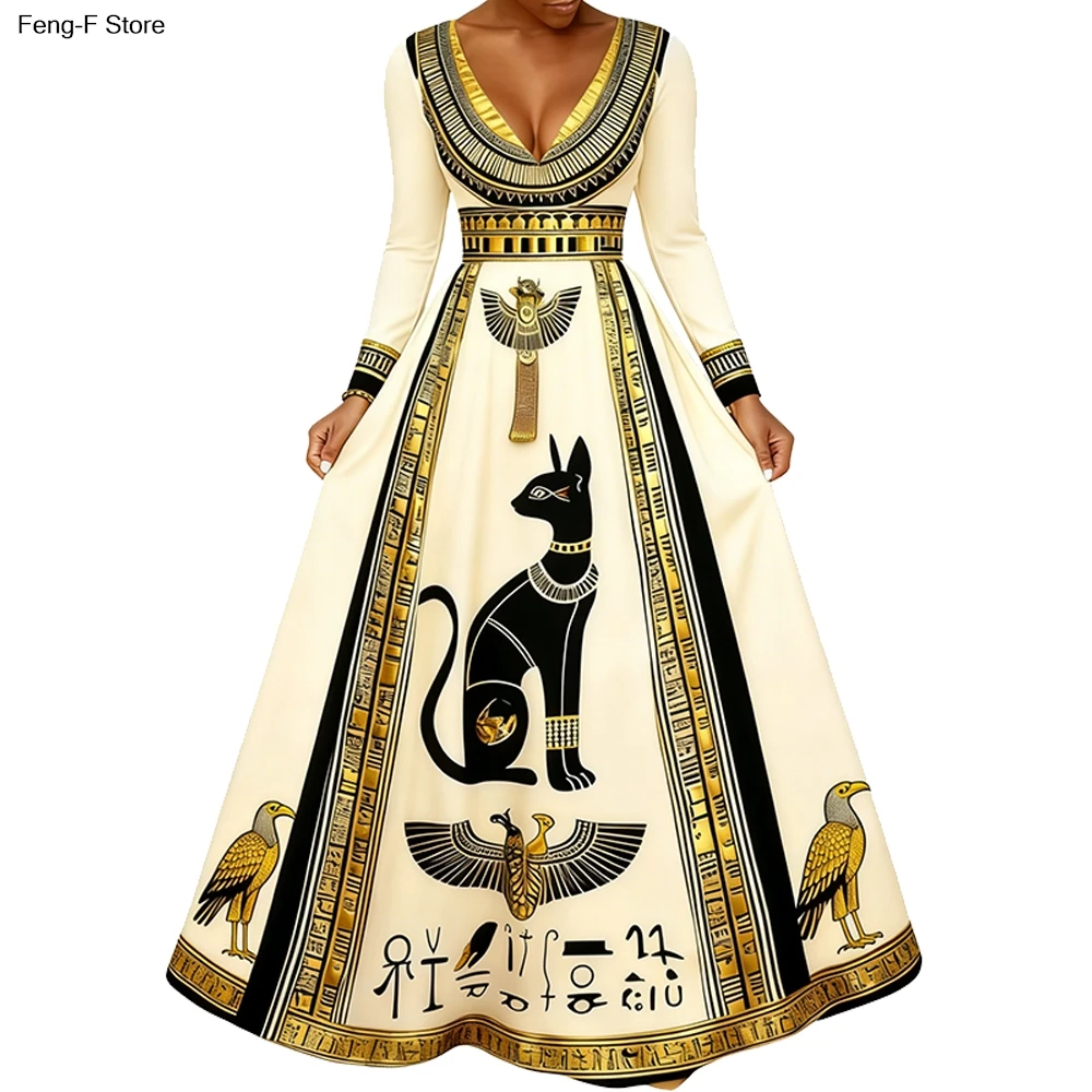3D Damen Maxikleid im Stil der alten Ägypten, V-Ausschnitt, lange Ärmel, ägyptischer Katzengott Bastet-Druck, Halloween-Partykostüm, Abendkleid