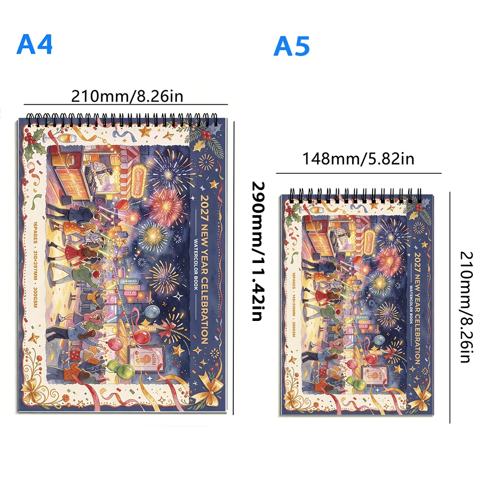 Top Spiral Watercolor Sketch Pad, 300gsm Medium Surface Paper, 16 Sheets Durable, Art Pad for Mixed Media, Winter New Year Gift