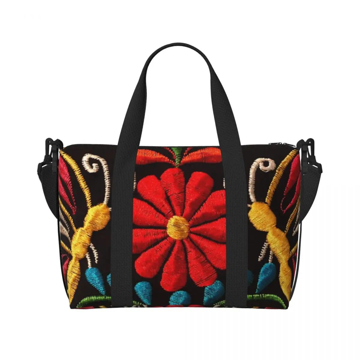 Custom Large Mexican Butterflies And A Red Flower Tote Bag for Women Colorful Shoulder Shopper Gym Beach Travel Bag