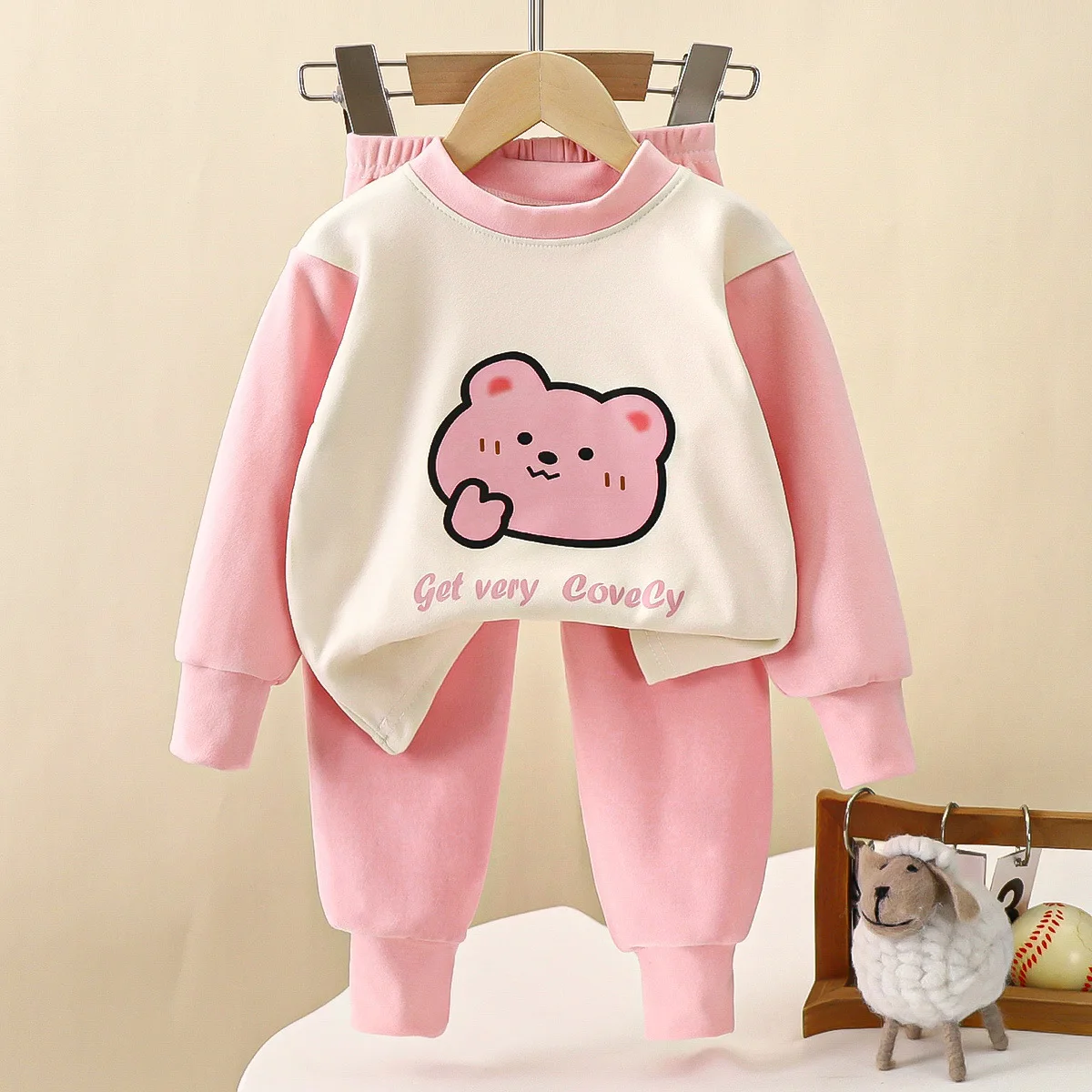 Kids Autumn Warm Pajamas Boys Girls Cute Cartoon Bear Long Sleeve T-Shirt Tops + Pants Toddler Baby Casual Sleepwear Underwear