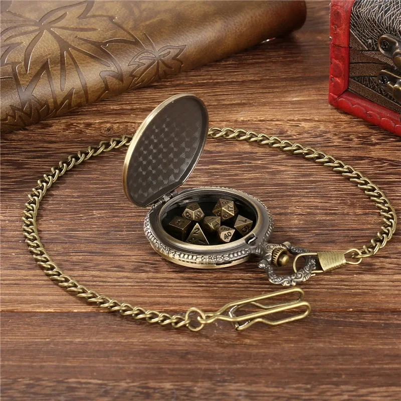 7Pcs Tiny Polyhedral Metal Dice Set for Table Role Play Gaming Dices Antique Magic Wand Pocket Watch Case with Pendant Chain
