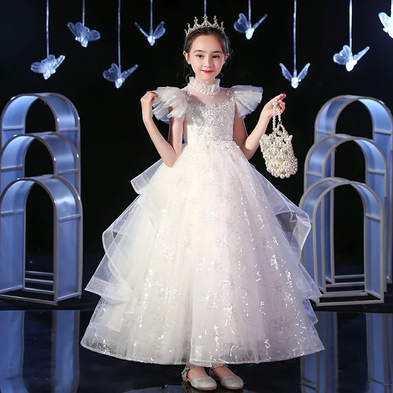 

Детское официальное свадебное платье принцессы для подиума с цветочным узором для девочек, выступление на фортепиано Little an