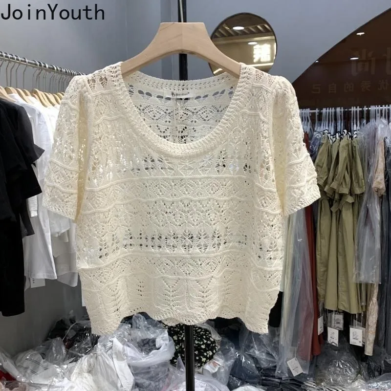 Summer Woman T Shirts O-neck Short Sleeve Tees 2024 Ropa Mujer Hollow Out Vintage Tops Casual Fashion Knitted Thin Tshirt 27y023