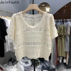 Summer Woman T Shirts O-neck Short Sleeve Tees 2024 Ropa Mujer Hollow Out Vintage Tops Casual Fashion Knitted Thin Tshirt 27y023