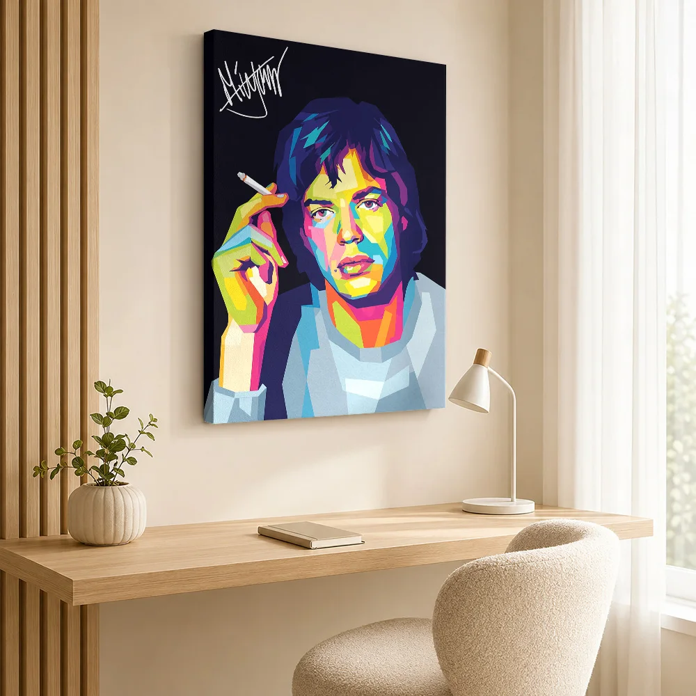 Mick Jagger Portrait Canvas Poster Customized Photo Geometric Color Blocking Wall Art For Listening Lounge, Music Lover Gift