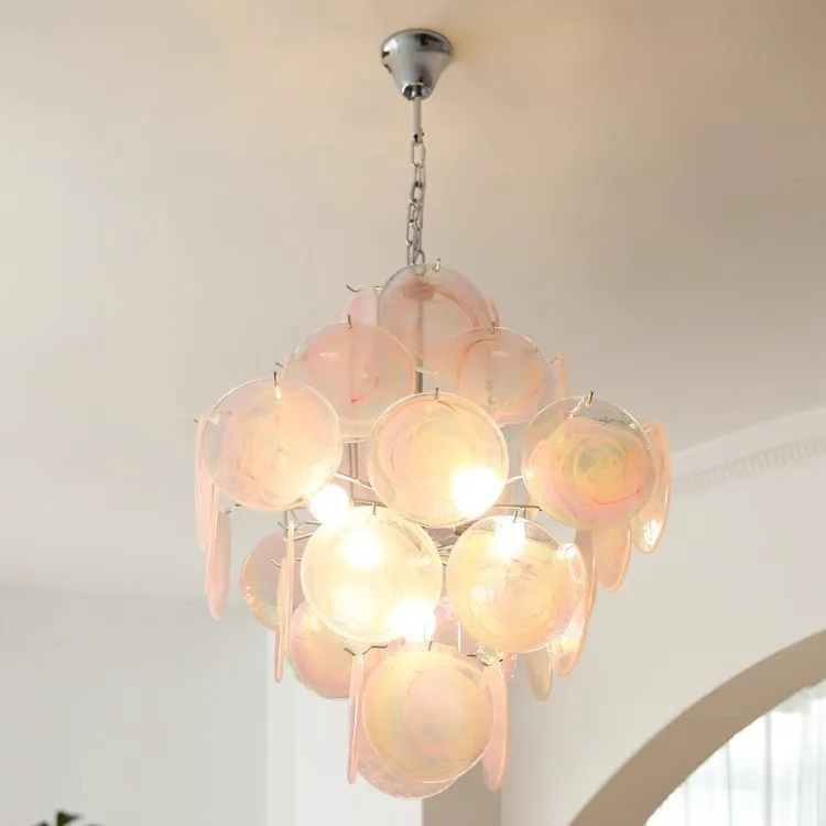 

Deng Ji Italian Medieval Living Room Chandelier Pink Glass Lamps Hall Main Lamp Bedroom Retro Chandelier