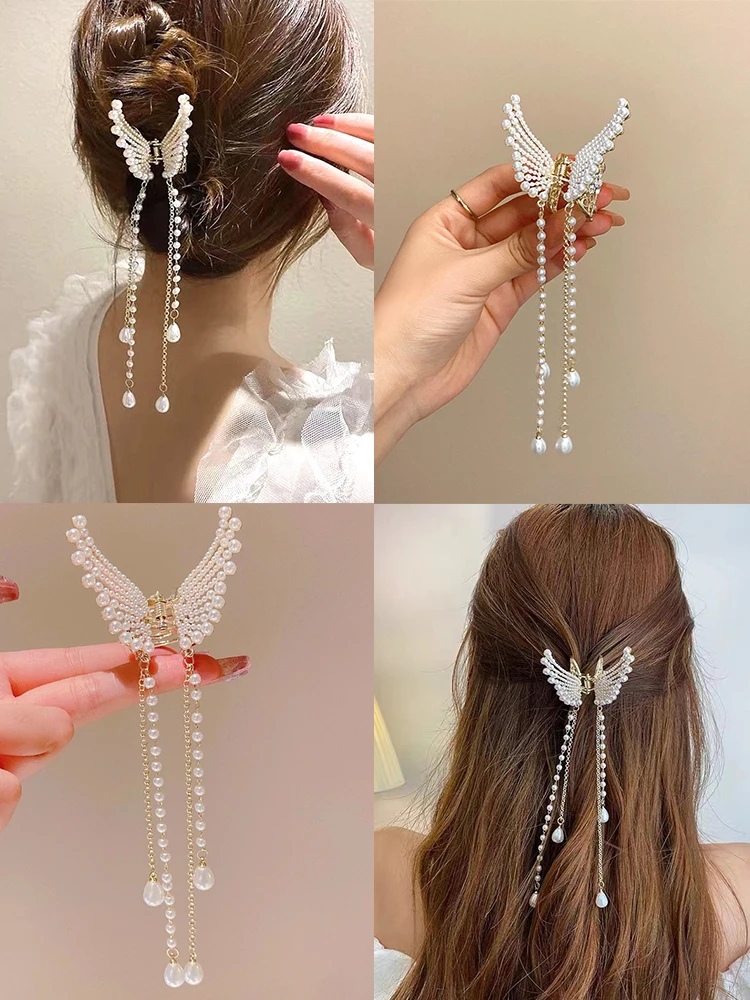 New Butterfly Pearl Tassel Hairpin Women Korean Elegant Metal Chain Side Clip Shark Hairpin Headwear Hair Accessories