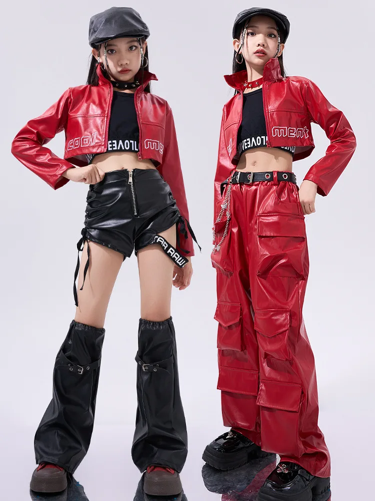 Girls Hip Hop Street Clothing Red Leather Tops Pants for Kids Streetwear Costume Jazz Dance Clothes