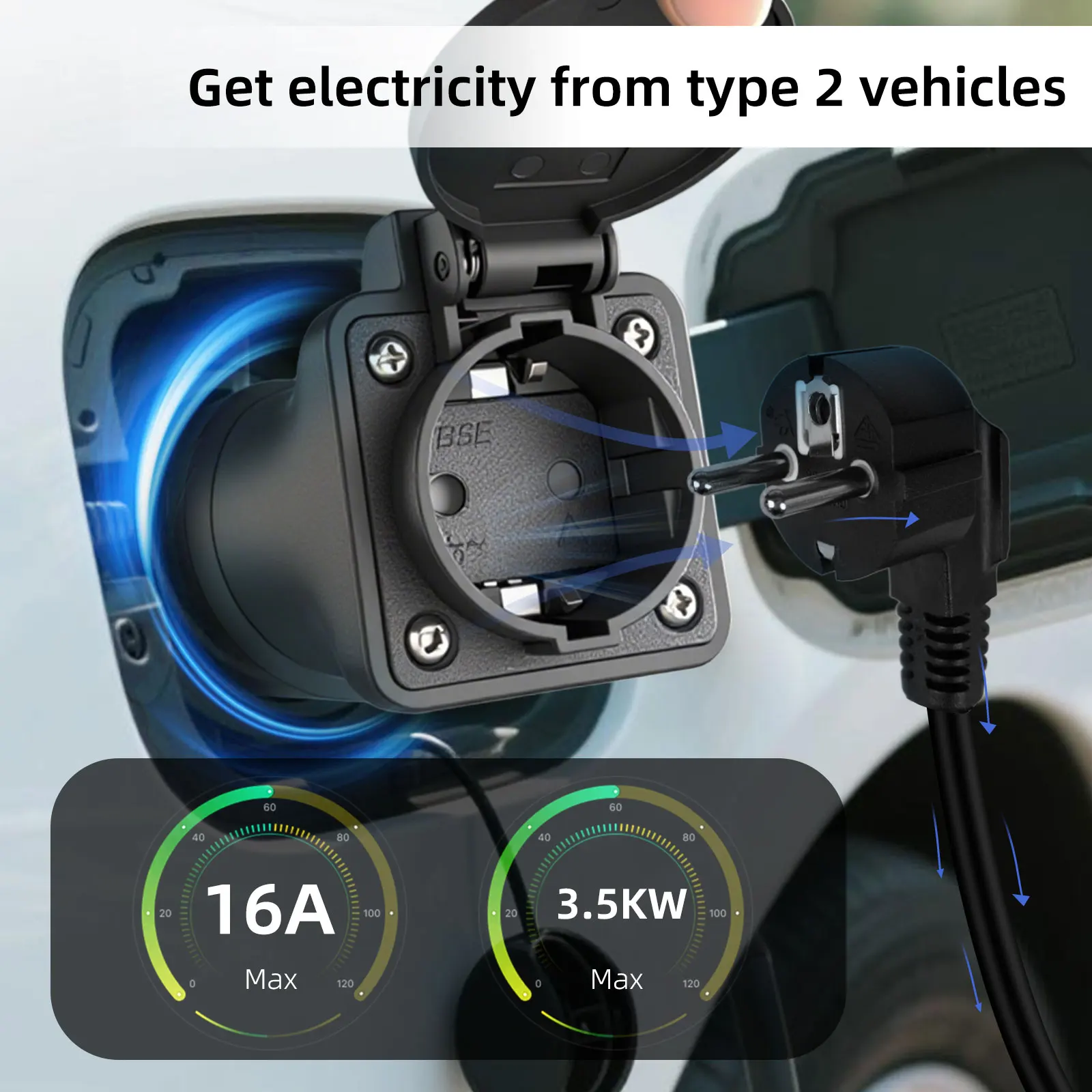Type2 V2L Discharger Adapter Vehicle to Load Plug with Power-off Button for Jaecoo 7 BYD MG Renault