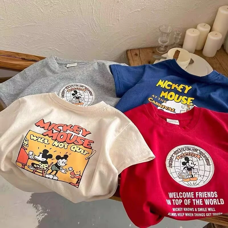 Camiseta de manga curta de algodão puro dos desenhos animados do mickey mouse para meninos e meninas no verão elegante topo para crianças de todos